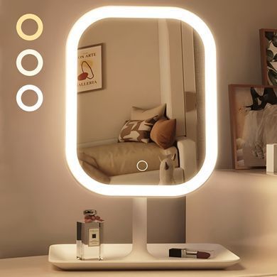 Настольное зеркало для макияжа KAR192 с LED-подсветкой белое &bull; Аккумуляторное косметическое зеркало KAR192 с сенсорным управлением, 3 режимами света и органайзером