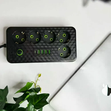 Сетевой фильтр HG-2505 на 5 розеток черный &bull; Удлинитель 3 м с 4 USB, Type-C, выключателем и заземлением для дома и офиса