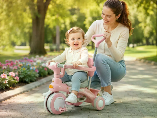 Детский трехколесный велосипед Baby Carriage 588 розовый с родительской ручкой &bull; Велосипед-коляска Baby Carriage 588 для малышей с корзиной и козырьком