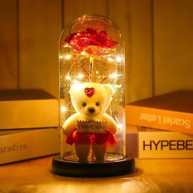 Роза в стеклянной колбе Rose of Love с LED-подсветкой и плюшевым мишкой ∙ Декоративная хрустальная роза с мишкой и сердцем I Love You