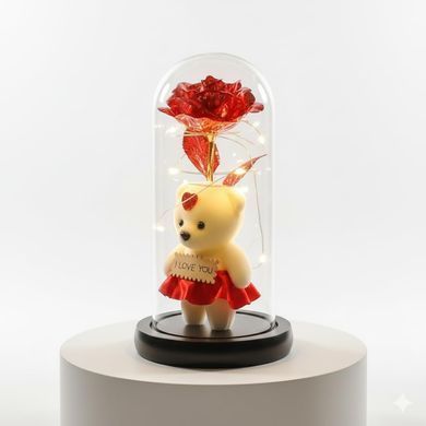 Роза в стеклянной колбе Rose of Love с LED-подсветкой и плюшевым мишкой ∙ Декоративная хрустальная роза с мишкой и сердцем I Love You