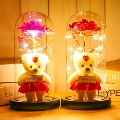 Роза в стеклянной колбе Rose of Love с LED-подсветкой и плюшевым мишкой ∙ Декоративная хрустальная роза с мишкой и сердцем I Love You