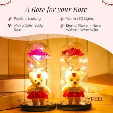 Роза в стеклянной колбе Rose of Love с LED-подсветкой и плюшевым мишкой ∙ Декоративная хрустальная роза с мишкой и сердцем I Love You