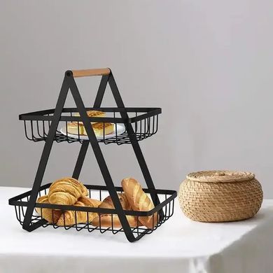 Настільний двоярусний кошик - фруктівниця з дерев'яною ручкою Double Fruit Basket &middot; Розбірний металевий кошик для фруктів