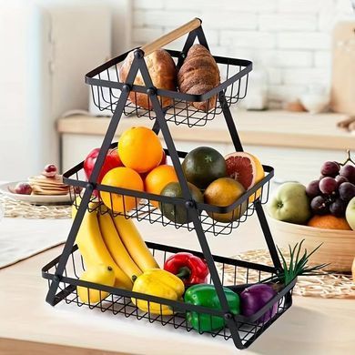 Настільний триярусний кошик - фруктівниця з дерев'яною ручкою Triple Fruit Basket &middot; Розбірний металевий кошик для фруктів