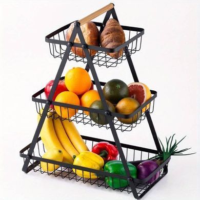 Настільний триярусний кошик - фруктівниця з дерев'яною ручкою Triple Fruit Basket &middot; Розбірний металевий кошик для фруктів