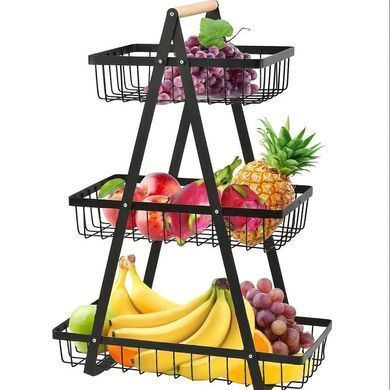 Настільний триярусний кошик - фруктівниця з дерев'яною ручкою Triple Fruit Basket &middot; Розбірний металевий кошик для фруктів