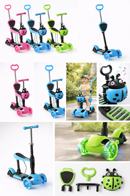 Трехколесный детский самокат 5 в 1 с родительской ручкой и сиденьем Scooter ∙ Самокат трансформер для детей со светящимися колесами, регулируемой высотой руля и корзинкой