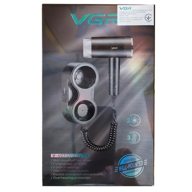 Настенный фен VGR V-407 1600 Вт черный &bull; Фен для волос VGR V-407 Black с настенным креплением 2 скоростями 3 температурами и концентратором