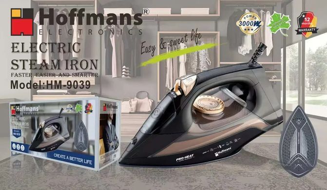 Мощный паровой утюг Hoffmans HM-9039 &bull; 3000 Вт, керамическая подошва, защита от накипи