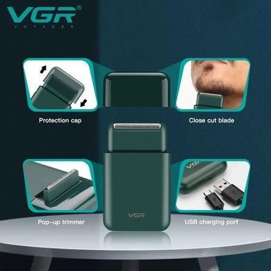 Акумуляторна міні електробритва для чоловіків VGR V 390 Green &bull; Професійний шейвер з тримером для сухого та вологого гоління
