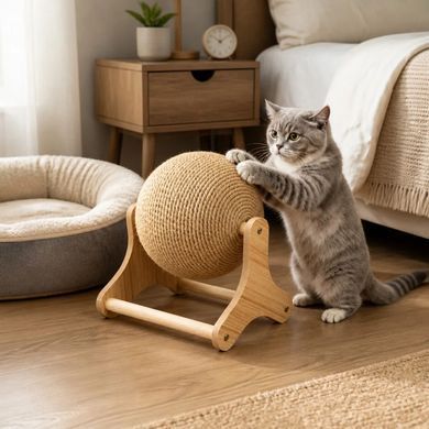 Кігтеточка-куля для котів KAT-04 &bull; Підлогова кігтеточка з великою канатною кулею на підставці для дому