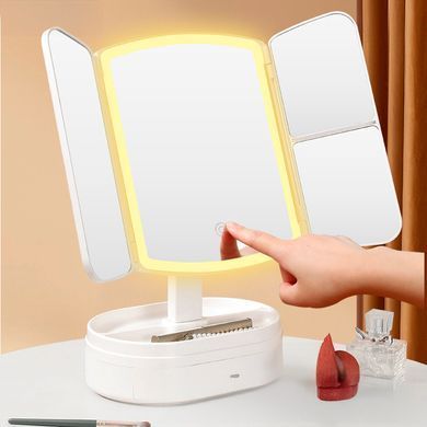 Потрійне косметичне дзеркало для макіяжу з LED підсвічуванням 609 Mirror та збільшенням складне поворотне сенсорне дзеркало з органайзером