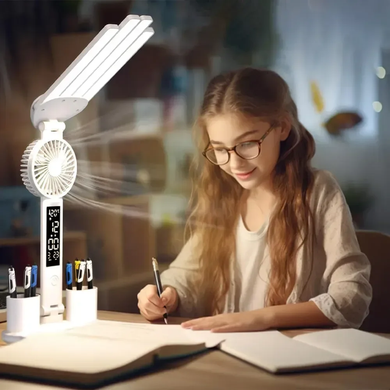 Настільна LED-лампа KRX-1011 з вентилятором, годинником і підставкою &bull; Акумуляторний світильник із дисплеєм, сенсорним керуванням і 3 режимами світла для роботи, навчання та дому