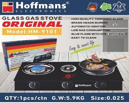 Газовая плита Hoffmans HM-9101 на 3 конфорки &bull; Настольная стеклянная газовая варочная панель с автоподжигом и латунными горелками