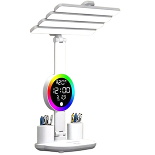 Настольная LED лампа KRX-104 с RGB-подсветкой, вентилятором, часами и подставкой &bull; Аккумуляторный настольный светильник 4-в-1 с сенсорным управлением, 4 плафонами и дисплеем для работы, учебы и дома
