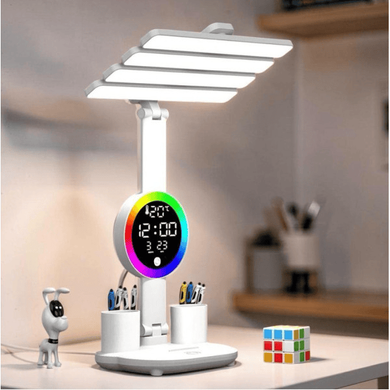 Настольная LED лампа KRX-104 с RGB-подсветкой, вентилятором, часами и подставкой &bull; Аккумуляторный настольный светильник 4-в-1 с сенсорным управлением, 4 плафонами и дисплеем для работы, учебы и дома