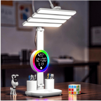 Настольная LED лампа KRX-104 с RGB-подсветкой, вентилятором, часами и подставкой &bull; Аккумуляторный настольный светильник 4-в-1 с сенсорным управлением, 4 плафонами и дисплеем для работы, учебы и дома