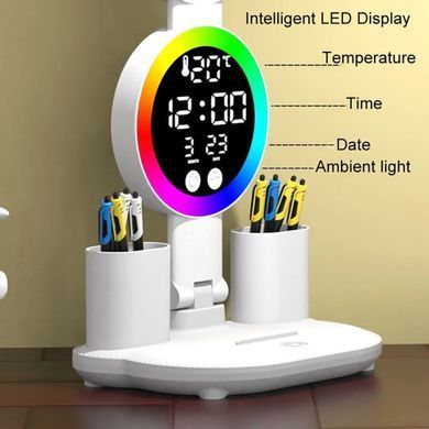 Настольная LED лампа KRX-104 с RGB-подсветкой, вентилятором, часами и подставкой &bull; Аккумуляторный настольный светильник 4-в-1 с сенсорным управлением, 4 плафонами и дисплеем для работы, учебы и дома