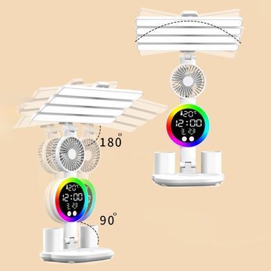 Настольная LED лампа KRX-104 с RGB-подсветкой, вентилятором, часами и подставкой &bull; Аккумуляторный настольный светильник 4-в-1 с сенсорным управлением, 4 плафонами и дисплеем для работы, учебы и дома