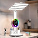 Настольная LED лампа KRX-104 с RGB-подсветкой, вентилятором, часами и подставкой &bull; Аккумуляторный настольный светильник 4-в-1 с сенсорным управлением, 4 плафонами и дисплеем для работы, учебы и дома