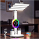 Настольная LED лампа KRX-104 с RGB-подсветкой, вентилятором, часами и подставкой &bull; Аккумуляторный настольный светильник 4-в-1 с сенсорным управлением, 4 плафонами и дисплеем для работы, учебы и дома