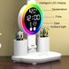 Настольная LED лампа KRX-104 с RGB-подсветкой, вентилятором, часами и подставкой &bull; Аккумуляторный настольный светильник 4-в-1 с сенсорным управлением, 4 плафонами и дисплеем для работы, учебы и дома