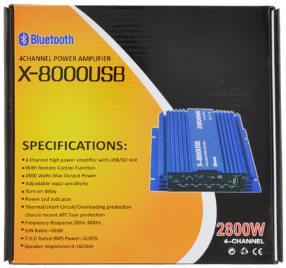 Автомобильный усилитель X-8000 USB 4-х канальный, ∙ Bluetooth ∙ USB ∙ FM ∙ MP3 ∙ 2800W