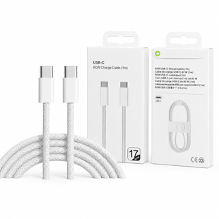 Кабель Type-C&ndash;Type-C 26X-198 60W 1 м білий &bull; Кабель USB-C&ndash;USB-C 26X-198 для швидкого заряджання iPhone 17 Pro Max із тканинним обплетенням і SIM-ключем