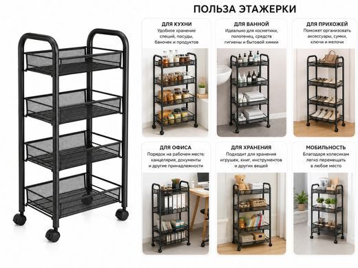 Полка-этажерка на колесиках 4 яруса 36&times;20&times;76 см &bull; Металлический передвижной стеллаж-органайзер для кухни ванной прихожей и хранения вещей