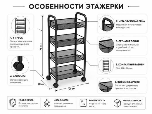 Полка-этажерка на колесиках 4 яруса 36&times;20&times;76 см &bull; Металлический передвижной стеллаж-органайзер для кухни ванной прихожей и хранения вещей