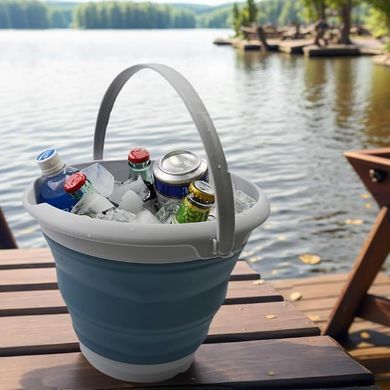 Складное силиконовое ведро 10 л серое с ручкой для воды и хозяйственных задач &bull; Туристическое ведро Collapsible Bucket 10 л серое для рыбалки, кемпинга, дачи и автомобиля