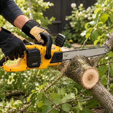 Аккумуляторная цепная пила Electric Saw DT-1291 16" с 2 аккумуляторами жёлтая &bull; Электропила по дереву Electric Saw DT-1291 с шиной 16 дюймов и двумя АКБ жёлтая