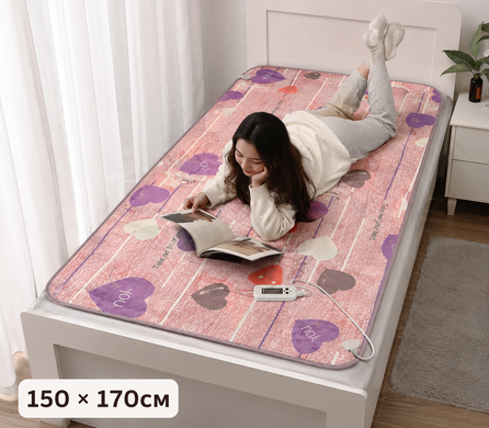 Электропростынь Electric Blanket 7421 150&times;170 см с 2 режимами подогрева, розовая с сердечками &bull; Электрическая простынь Electric Blanket 7421 65/130 Вт с терморегулятором для кровати