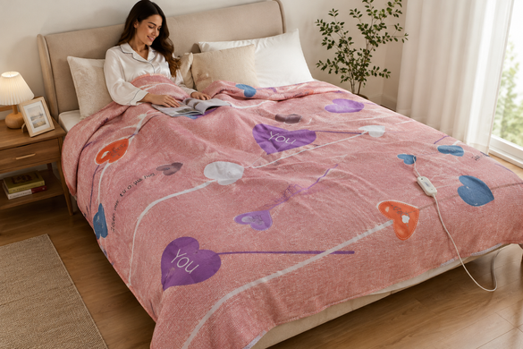 Электропростынь Electric Blanket 7421 150&times;170 см с 2 режимами подогрева, розовая с сердечками &bull; Электрическая простынь Electric Blanket 7421 65/130 Вт с терморегулятором для кровати