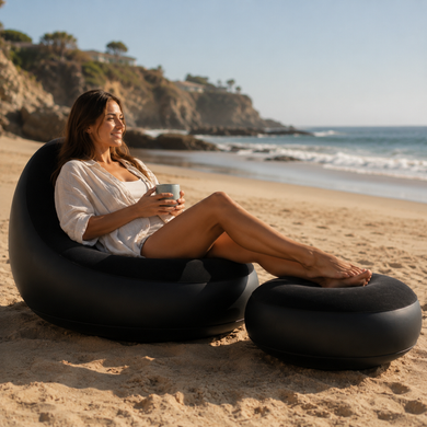 Надувной диван AIR SOFA с насосом чёрный &bull; Велюровое надувное кресло-диван для дома, дачи, отдыха, пляжа и кемпинга