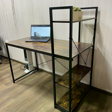 Рабочий стол с 4-ярусными полками 120&times;60 см коричневый с черным каркасом &bull; Письменный компьютерный стол для учебы, работы и домашнего офиса коричневый с черным каркасом
