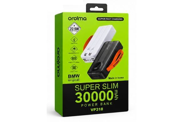 Power Bank Aroimac VP318 30000 mAh White &bull; Внешний аккумулятор Aroimac VP318 Super Slim с быстрой зарядкой 22,5W, LED дисплеем, 4 USB выходами и встроенными кабелями