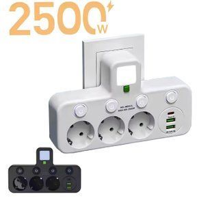 Переходник универсальный HG-276 2500 Вт с 3 розетками ∙ Тройник с 2 USB + Type C Gtop HG-276 сетевой фильтр с подсветкой