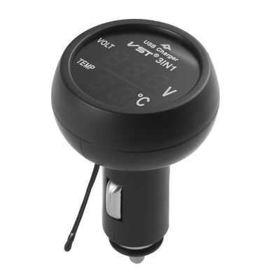 Автомобільний термометр &ndash; вольтметр із зарядним пристроєм USB 3 в 1 VST 706-4 у прикурювач авто 12-24В ∙ Зелені/сині цифри