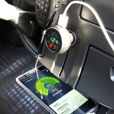 Автомобільний термометр &ndash; вольтметр із зарядним пристроєм USB 3 в 1 VST 706-4 у прикурювач авто 12-24В ∙ Зелені/сині цифри