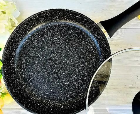 Сковорода с крышкой 24 см темный мрамор UNIQUE 5164 ∙ Антипригарная сковорода UN-5164 с мраморным покрытием и крышкой