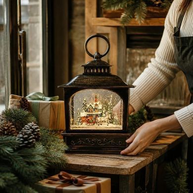 Новогодний ночник-фонарь XMAS WDL-24072D &bull; Декоративный светодиодный светильник в виде винтажного фонаря с зимней сценкой, эффектом снегопада и музыкальным режимом