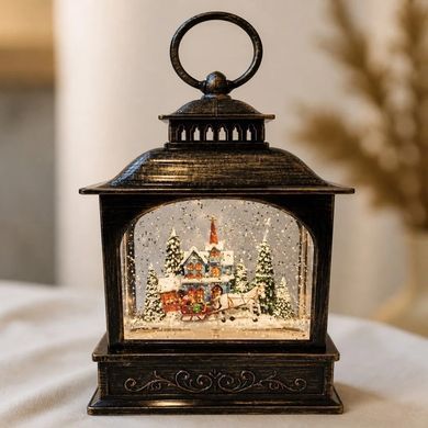 Новогодний ночник-фонарь XMAS WDL-24072D &bull; Декоративный светодиодный светильник в виде винтажного фонаря с зимней сценкой, эффектом снегопада и музыкальным режимом