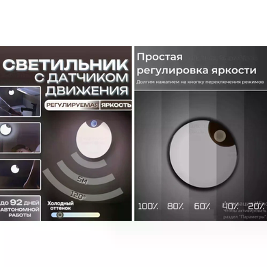 Круглый аккумуляторный LED-светильник AND HA-183 с датчиком движения &bull; Автономный настенный ночник с магнитным креплением для дома, коридора, шкафа и лестницы