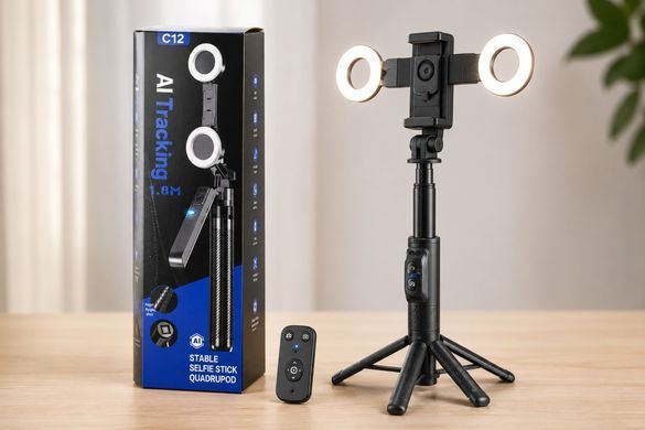 Штатив для телефона C12 с AI-автоотслеживанием &bull; Селфи-трипод C12 1,8 м с LED-подсветкой, поворотом 360&deg;, Bluetooth-пультом и управлением жестами