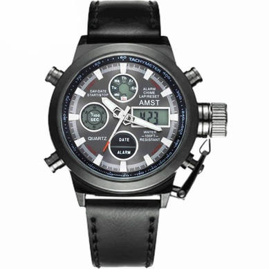 Чоловічий наручний годинник AMST Watch чорний &bull; Стильний кварцовий годинник на руку в чорному кольорі для щоденного носіння, роботи та подарунка