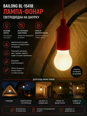 Фонарь-лампочка BAILONG BL-15418 &bull; Подвесной LED-фонарь BAILONG BL-15418 на шнурке и 3 батарейках AAA для дома и кемпинга