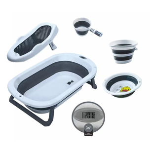 Набор для купания ребенка 5 в 1 X-652 бело-серый &bull; Детская складная ванночка с термометром и анатомической лежанкой X-652