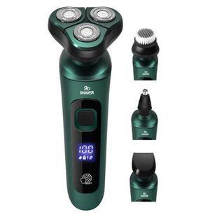 Электробритва 4 в 1 Shaver 9D зеленая &bull; Мужская аккумуляторная роторная бритва с триммером, насадкой для носа, щеткой для лица и LCD-дисплеем